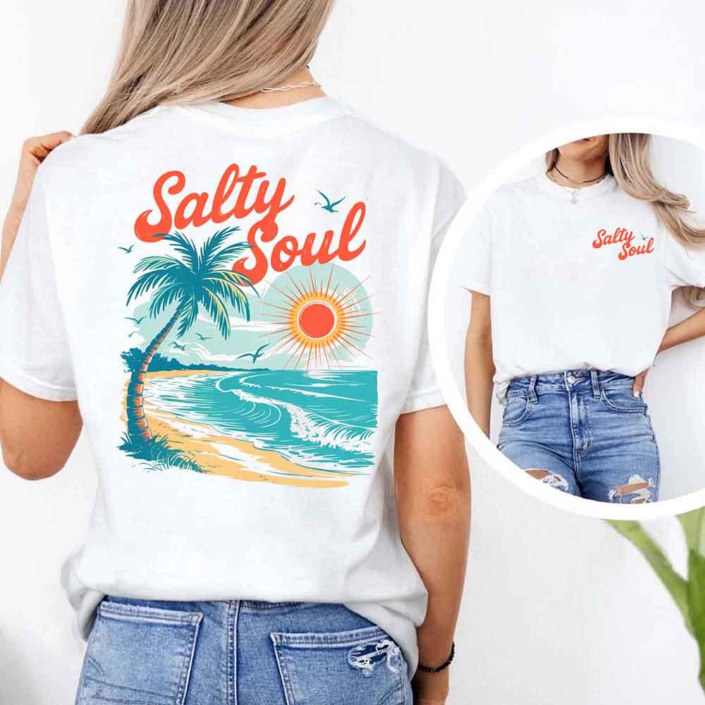 Adorb Custom Tees Salty Soul Comfort Colors Tee, showcasing the comfortable neckline of this women's summer casual wear.