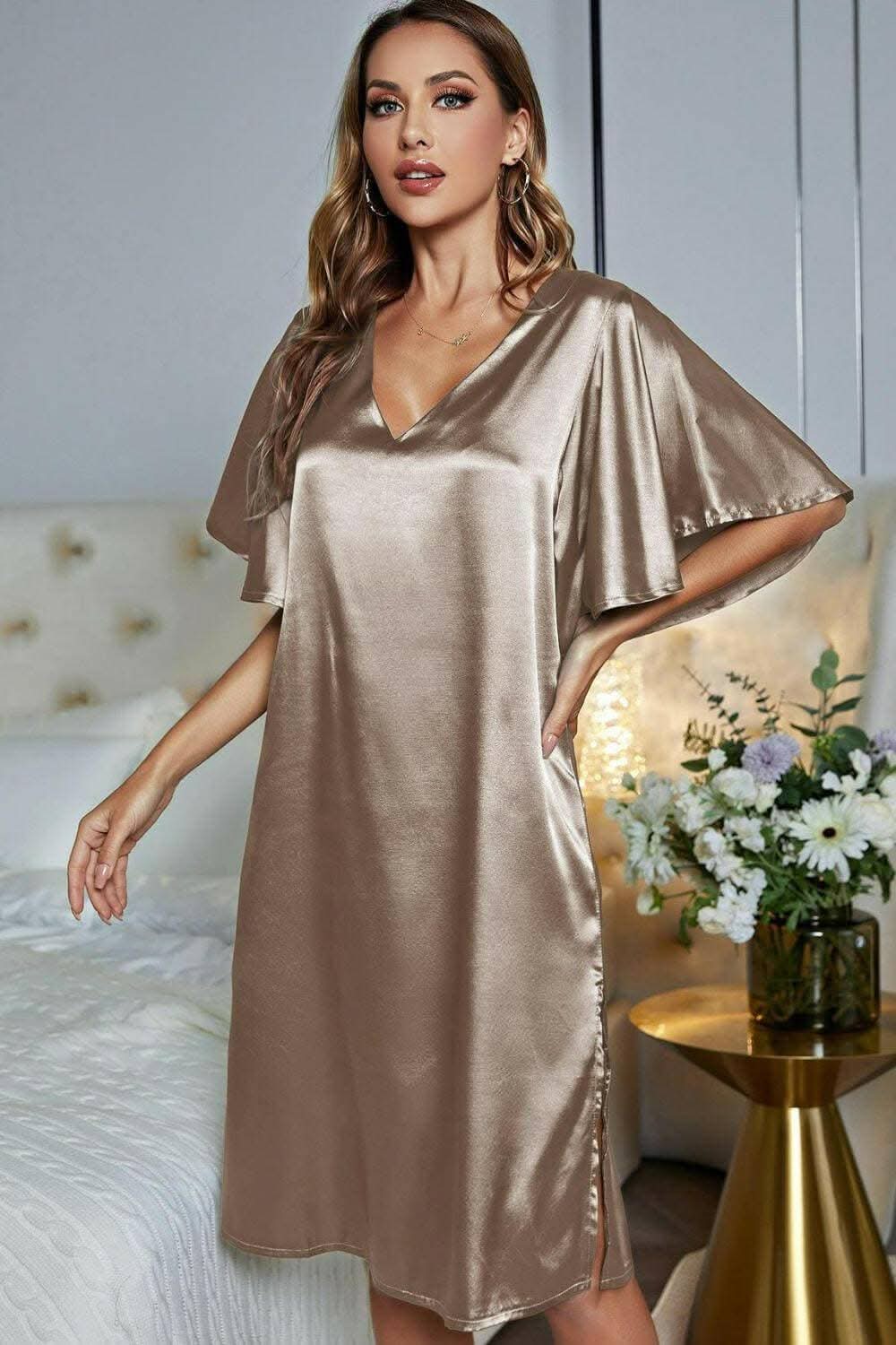 Satin v-neck nightgown with flutter sleeves - Love Salve 