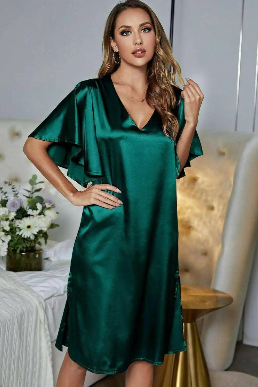 Satin v-neck nightgown with flutter sleeves - Love Salve 