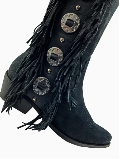 Rodeo Doll Fringe Boots Black Genuine Leather Inside Zip Naughty Monkey