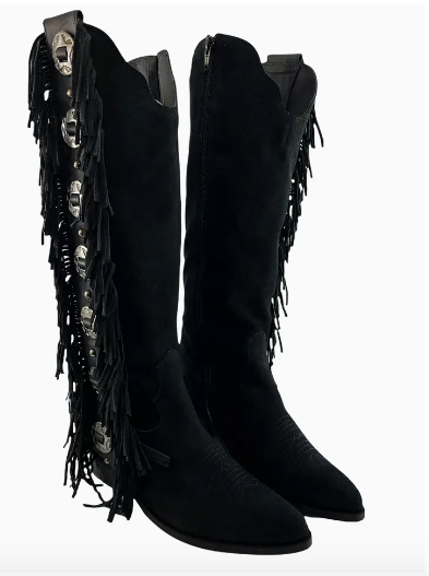 Rodeo Doll Fringe Boots Black Genuine Leather Inside Zip Naughty Monkey