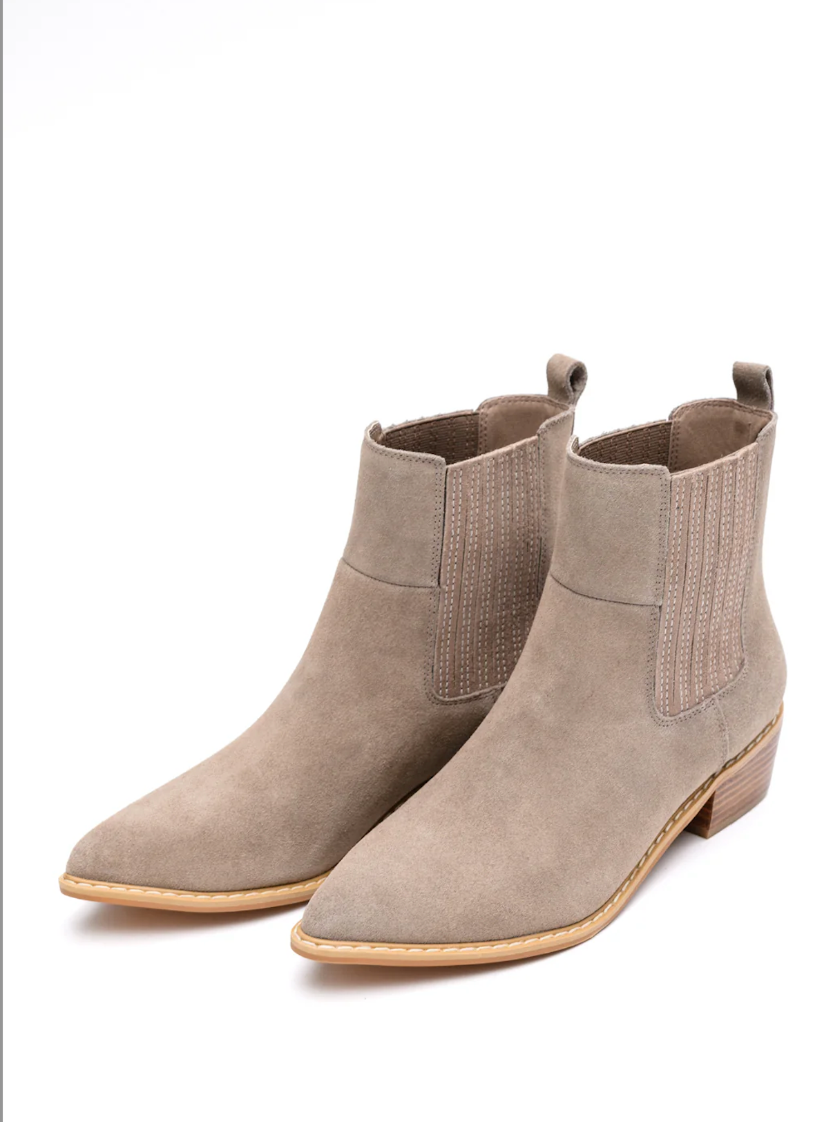 Leonor Suede Ankle Boot Taupe With Elastic Sides Pull Tab Naughty Monkey