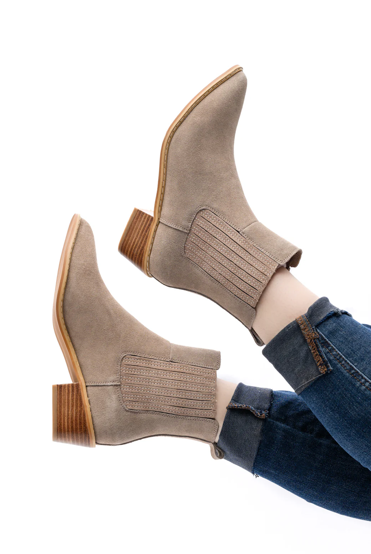 Leonor Suede Ankle Boot Taupe With Elastic Sides Pull Tab Naughty Monkey