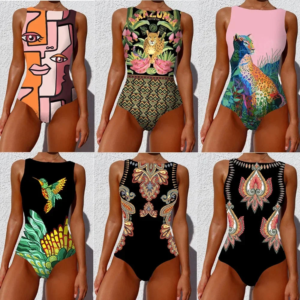 2024 Stylish Floral Print One-Piece Swimsuit for Women - Lace-Up Push-Up Beachwear