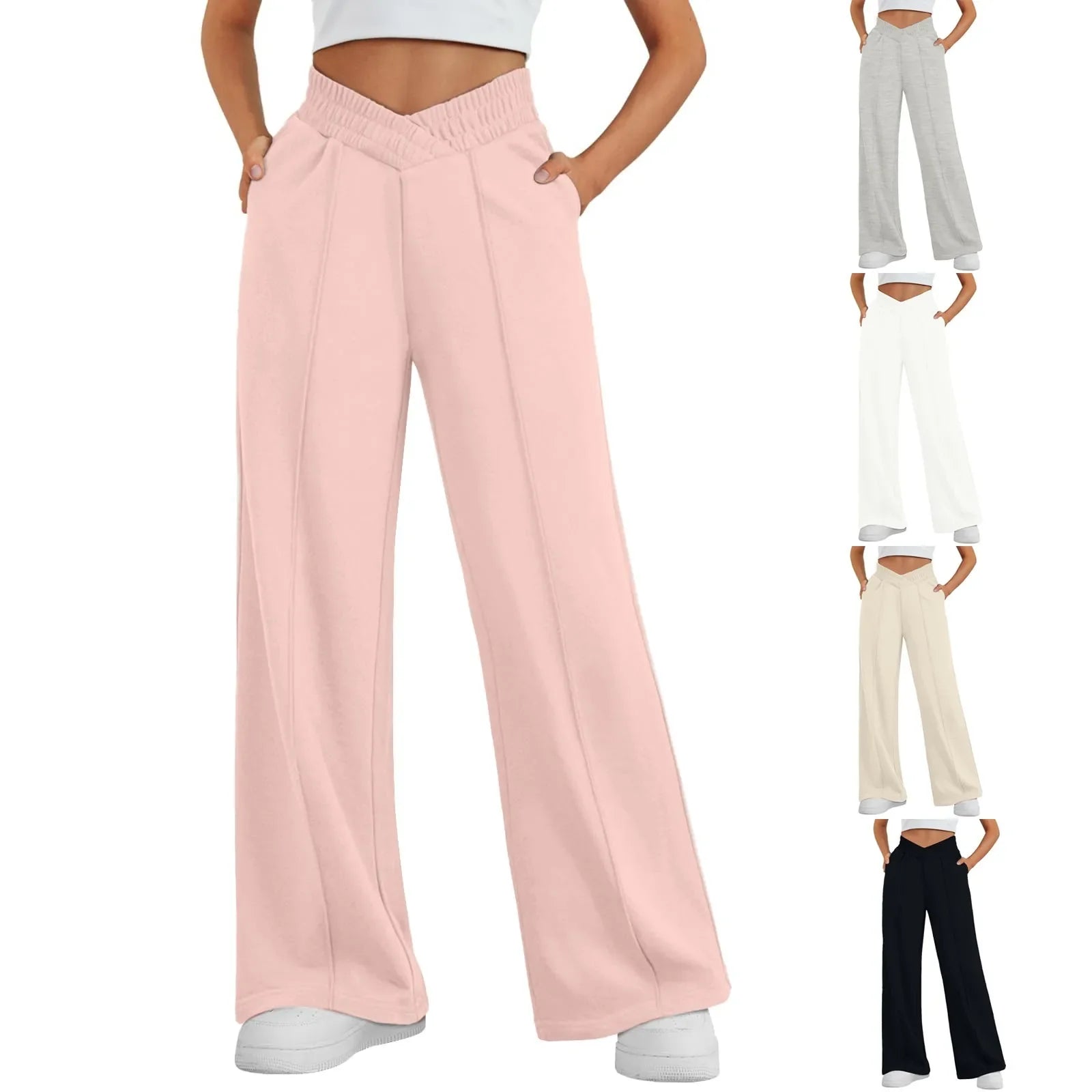 Women’s high waist splicing wide leg pants, Y2K street hip hop style, pink with elastic waistband and pockets.