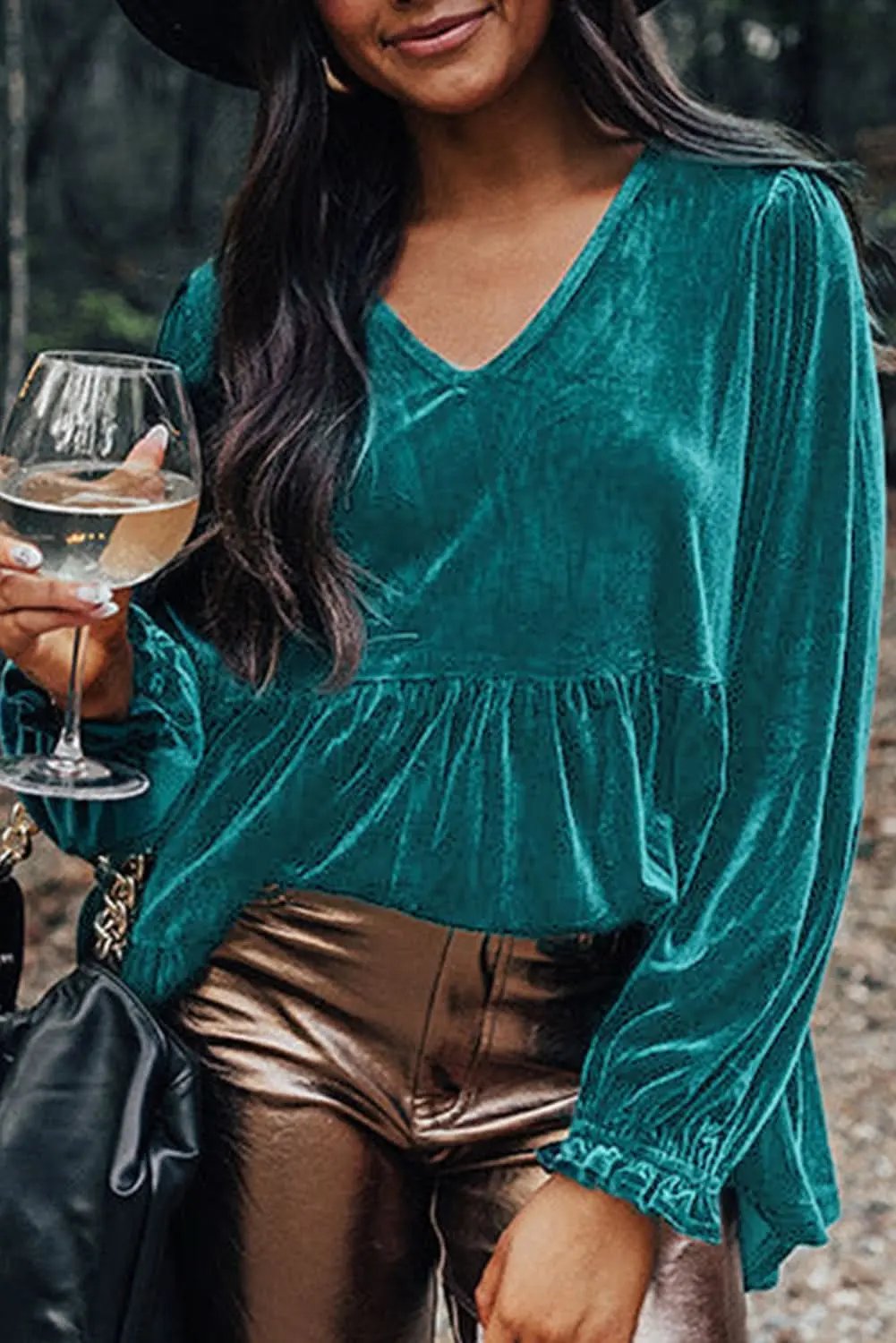 Sea Green Velvet V Neck Peplum Hem Puff Sleeve Blouse - Love Salve 