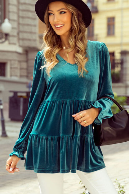 Sea Green Velvet V Neck Peplum Hem Puff Sleeve Blouse - Love Salve 
