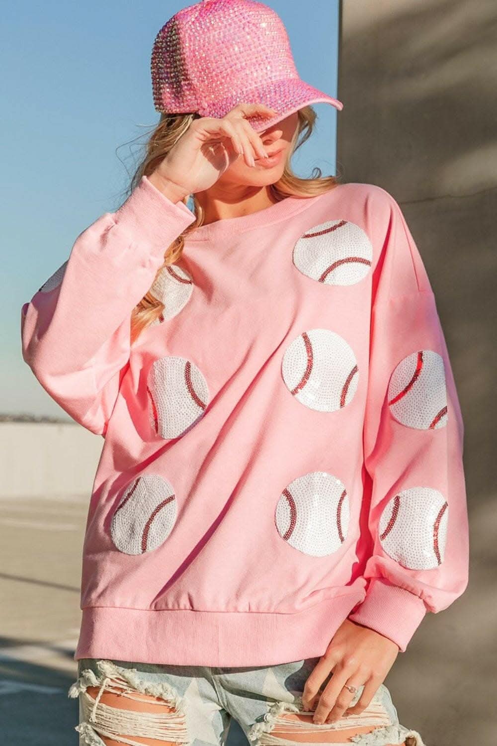 Sequin Patched French Terry Baseball Sweatshirt 