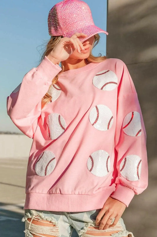 Sequin Patched French Terry Baseball Sweatshirt - Love Salve 