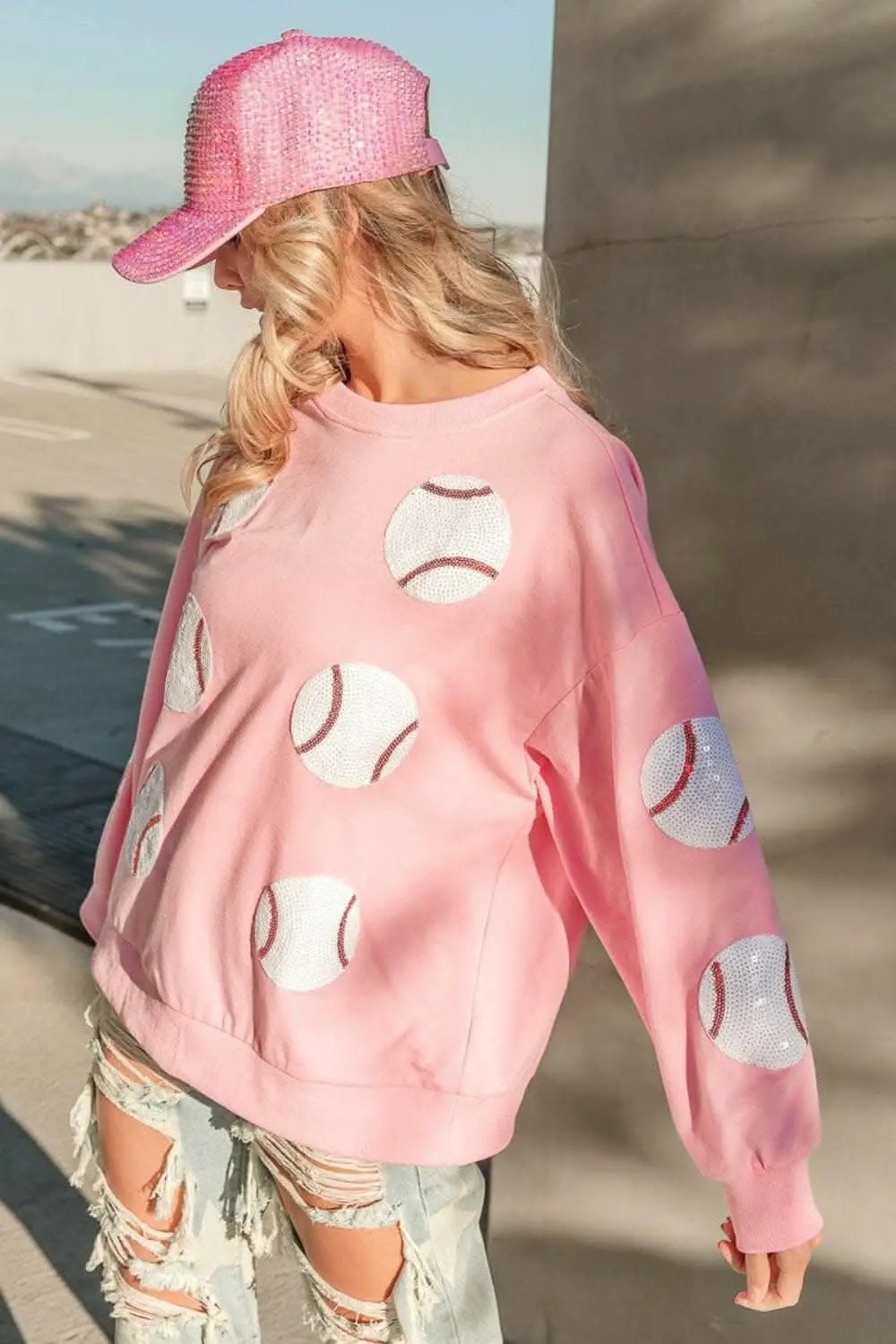 Sequin Patched French Terry Baseball Sweatshirt - Love Salve 