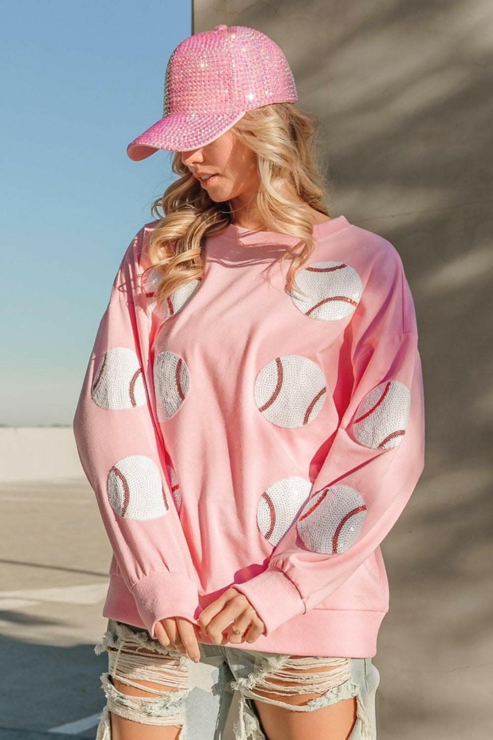 Sequin Patched French Terry Baseball Sweatshirt 
