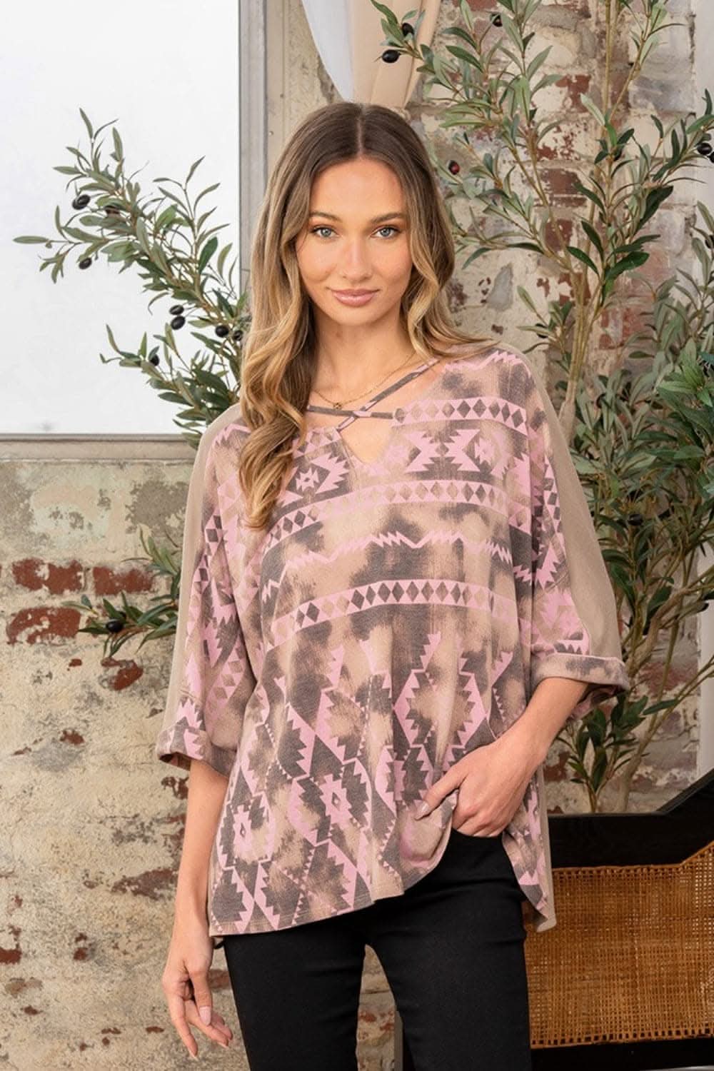 Sew In Love Full Size Aztec Distress Print Half Sleeve Crisscross Top 