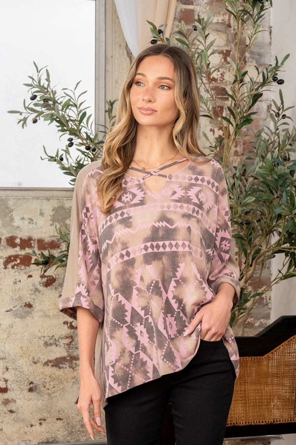Sew In Love Full Size Aztec Distress Print Half Sleeve Crisscross Top 
