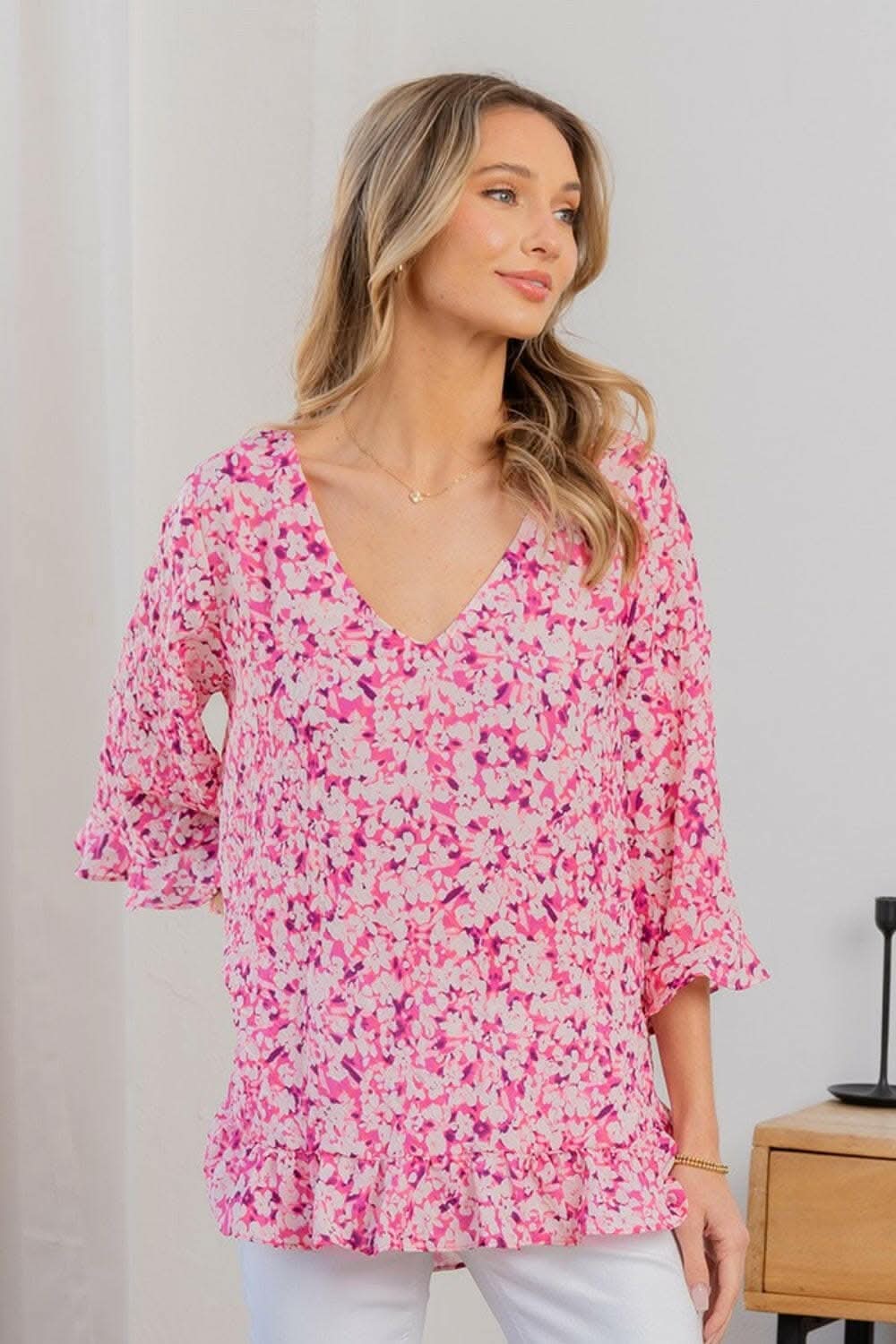 Sew In Love Full Size Floral V-Neck Flounce Sleeve Top 