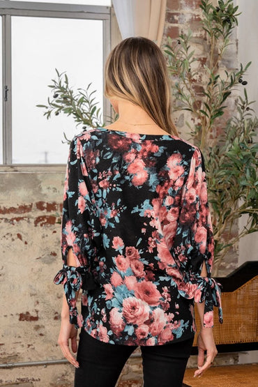 Sew In Love Full Size Floral V-Neck Top with Sleeve Knot - Love Salve 