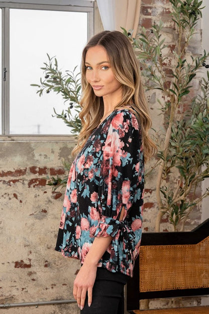 Sew In Love Full Size Floral V-Neck Top with Sleeve Knot 