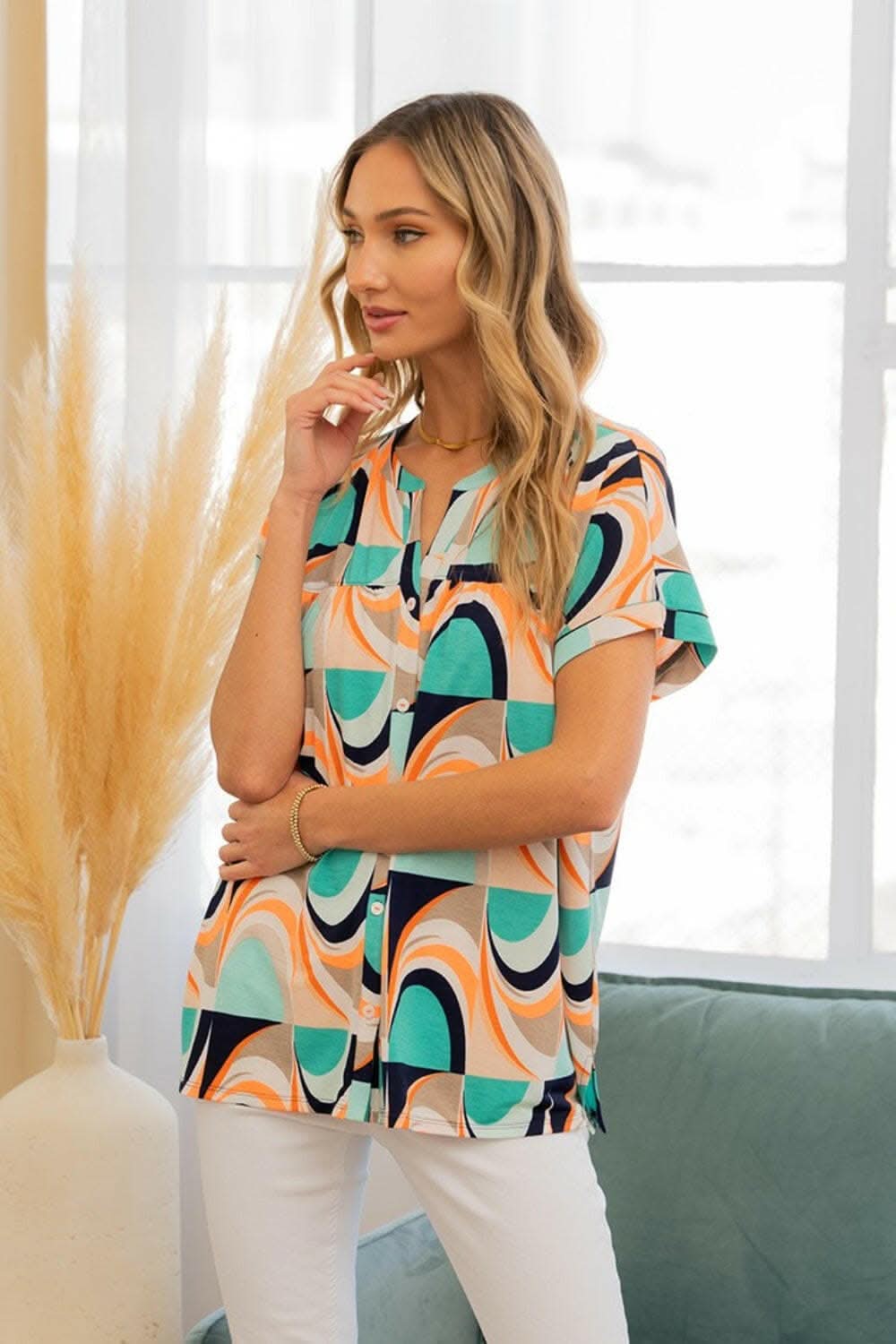 Sew In Love Wrinkle-Free Geometric Short Sleeve Shirt 