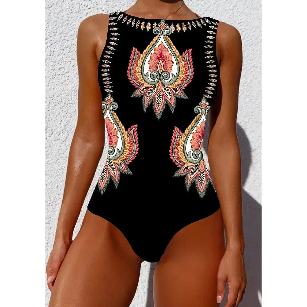 2024 Stylish Floral Print One-Piece Swimsuit for Women - Lace-Up Push-Up Beachwear