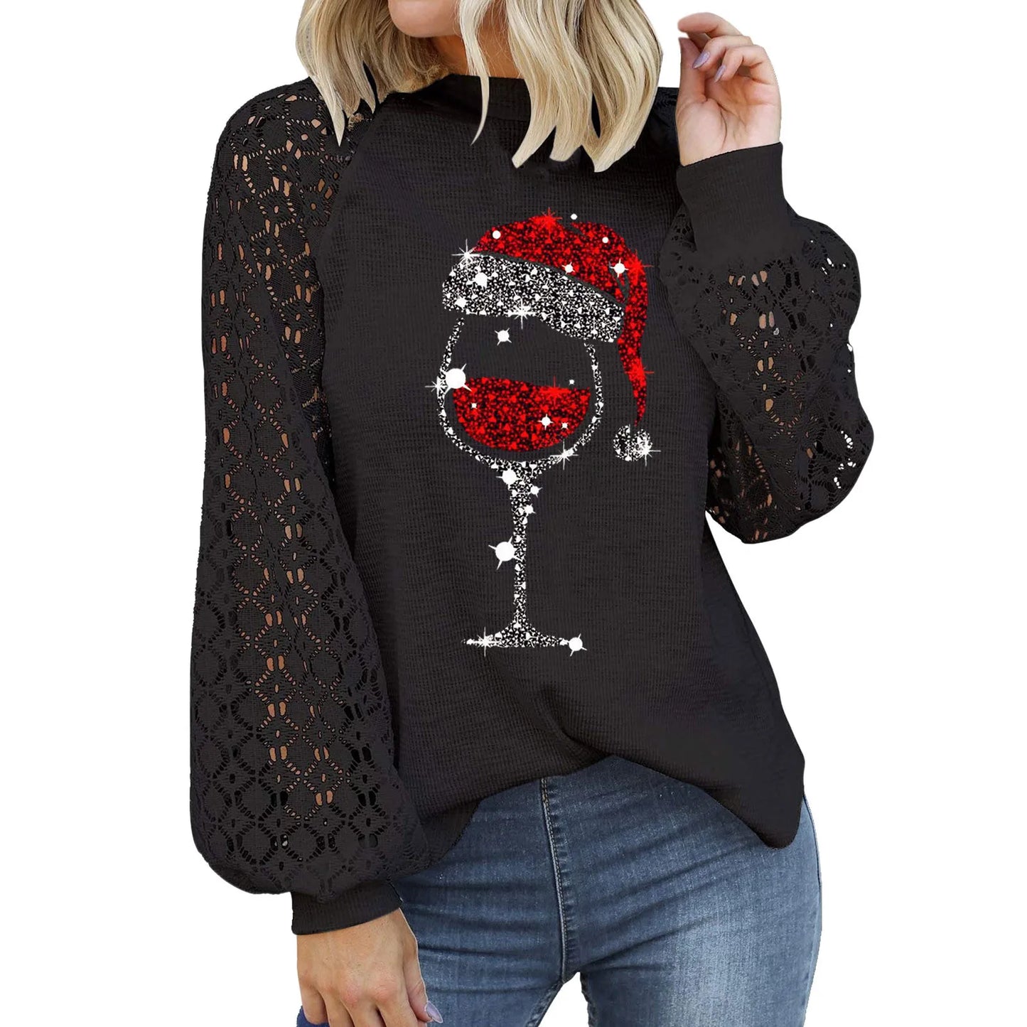 2024 Autumn Winter Christmas Hat Wine Glass Lace Splicing Blouse Black Womens Long Sleeve Sexy New Year Party Fashion Tops Gifts