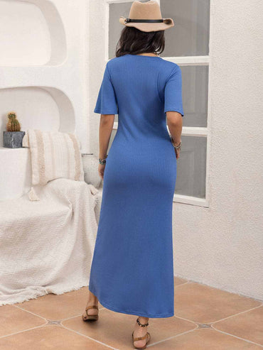 Sheer V-neck dress with slit - Love Salve 