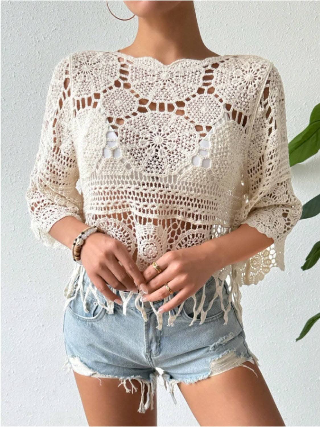 Sheer beach cover-up with openwork design 