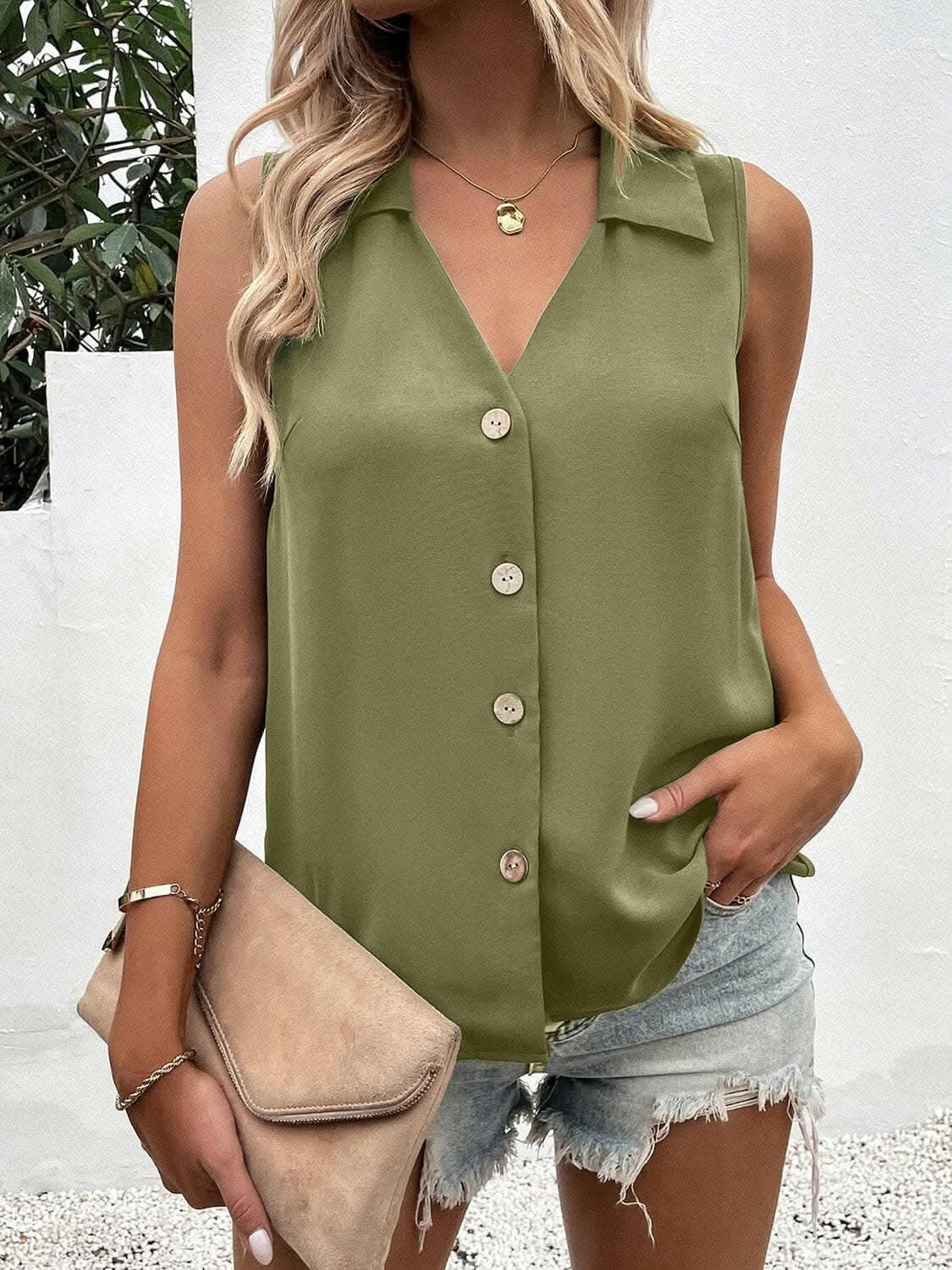 Sheer button-up tank with collar - Love Salve 