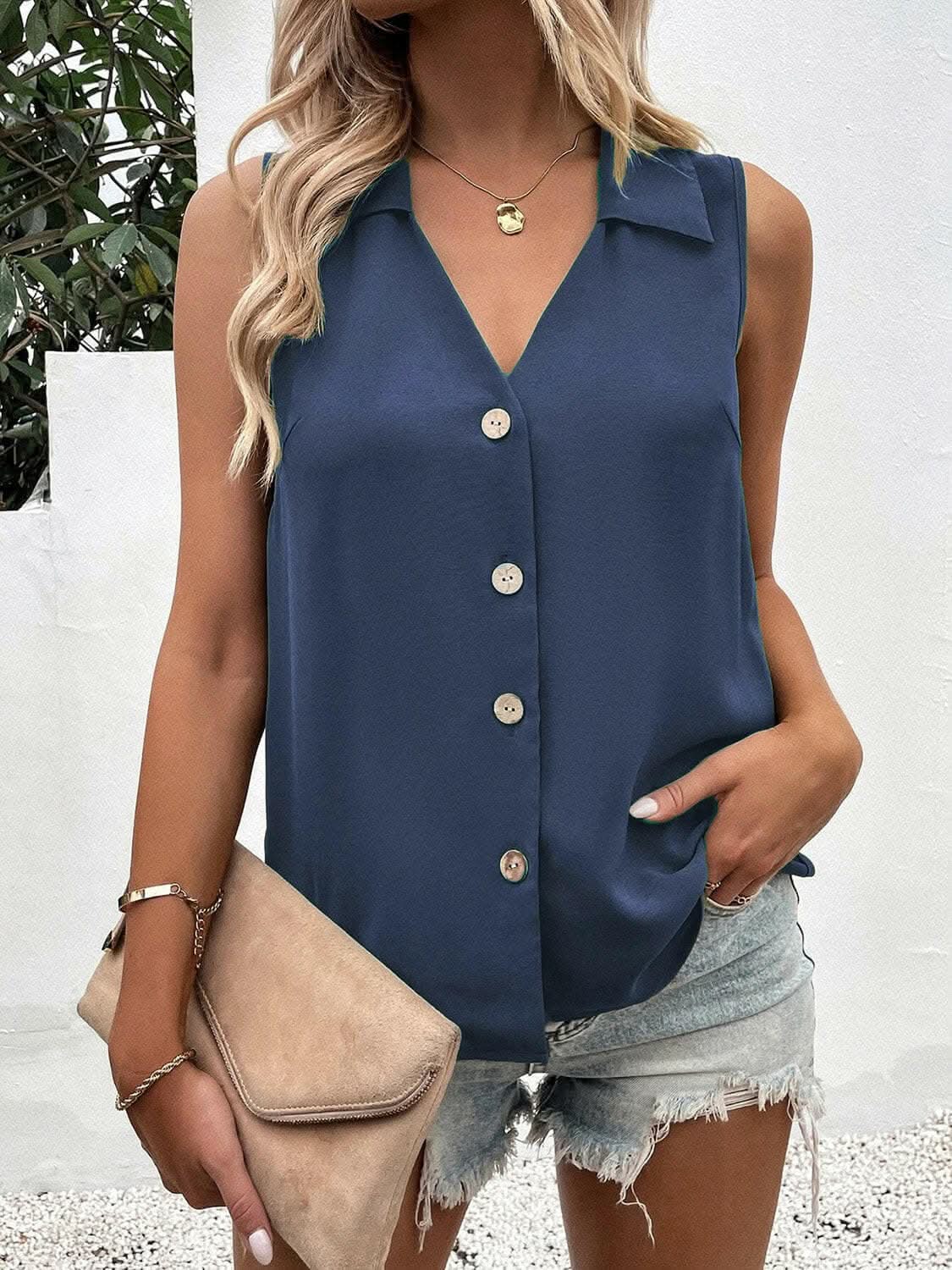 Sheer button-up tank with collar - Love Salve 
