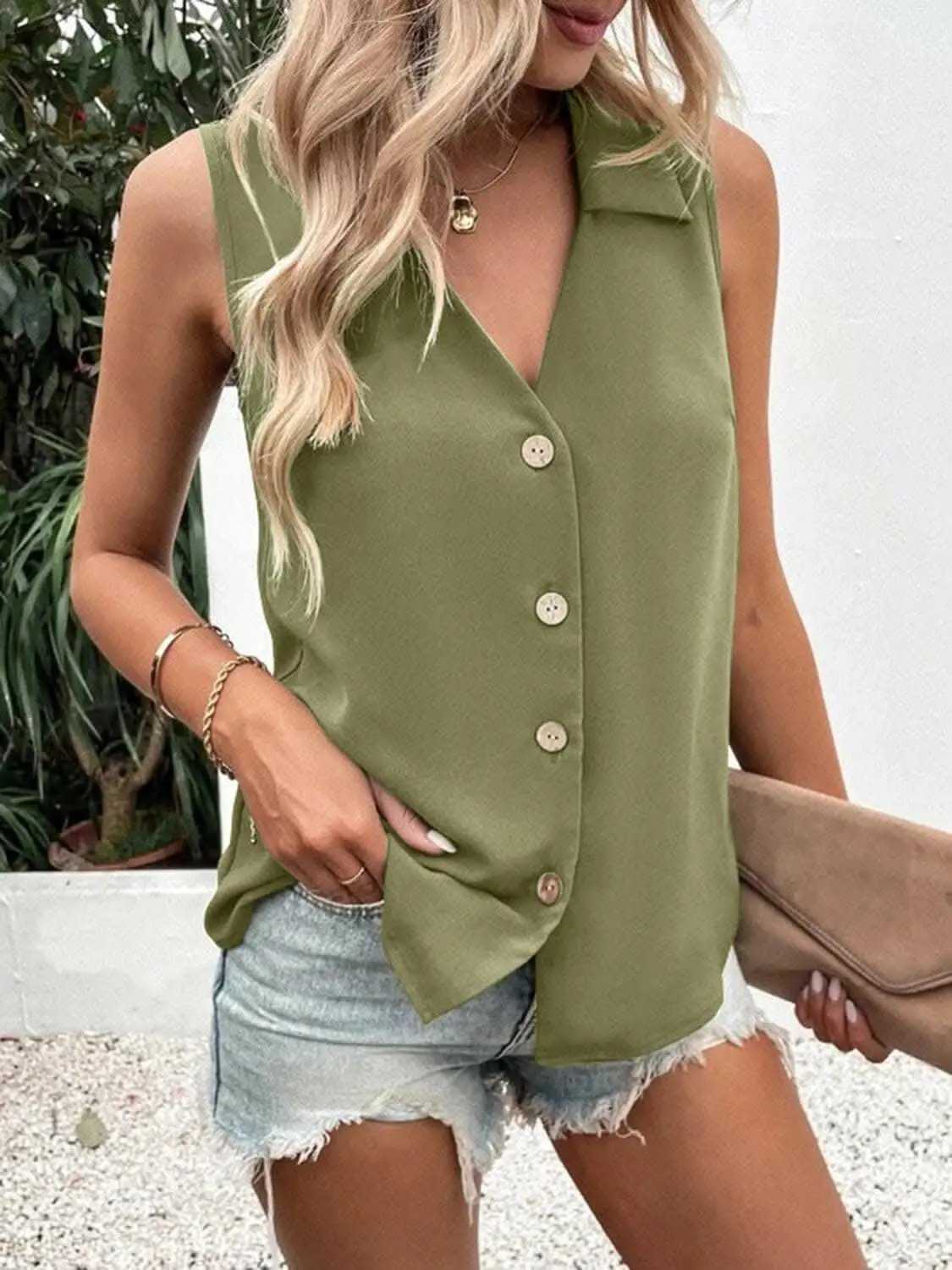 Sheer button-up tank with collar - Love Salve 