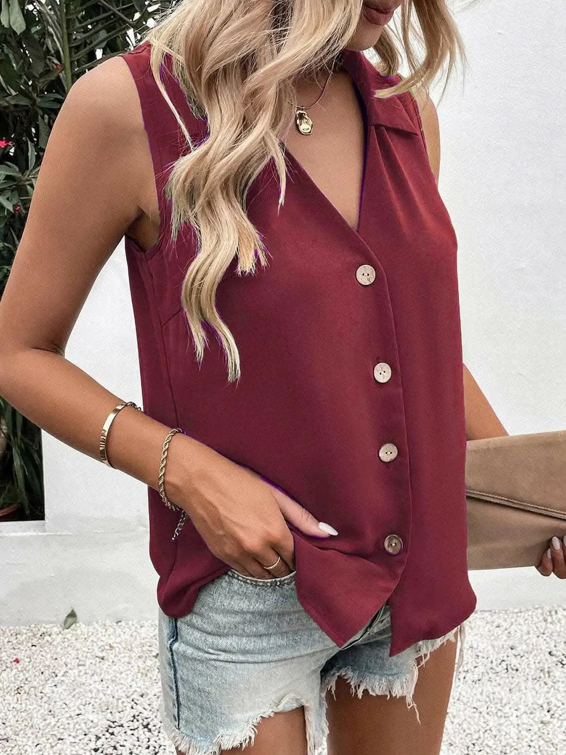 Sheer button-up tank with collar - Love Salve 