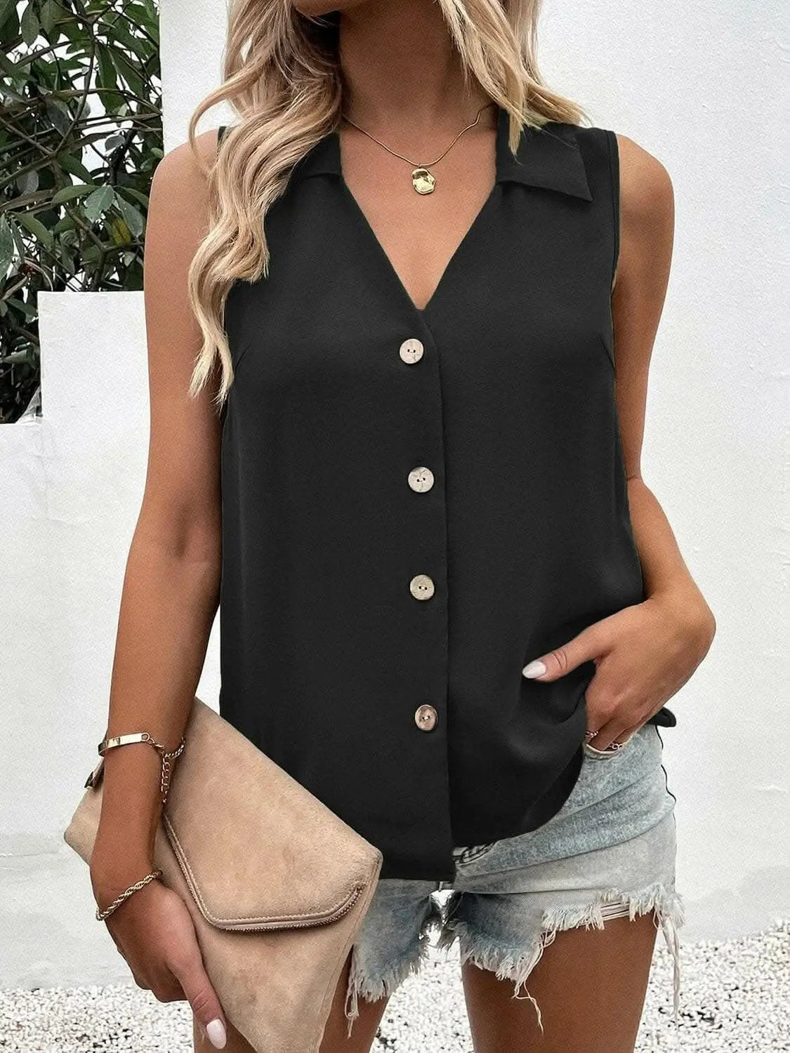 Sheer button-up tank with collar - Love Salve 