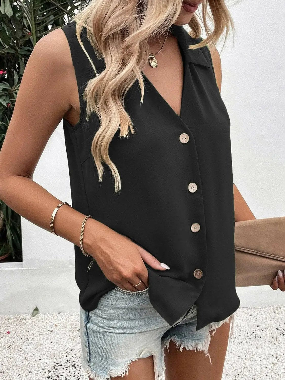 Sheer button-up tank with collar - Love Salve 