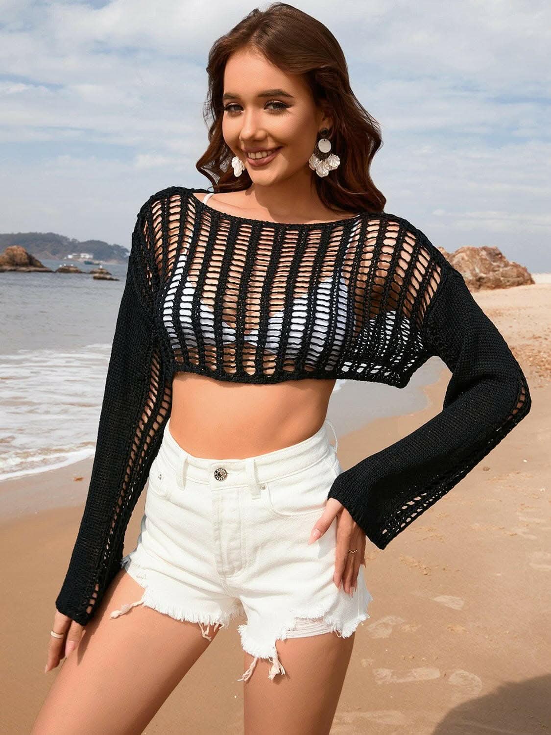 Sheer mesh long sleeve cover-up 