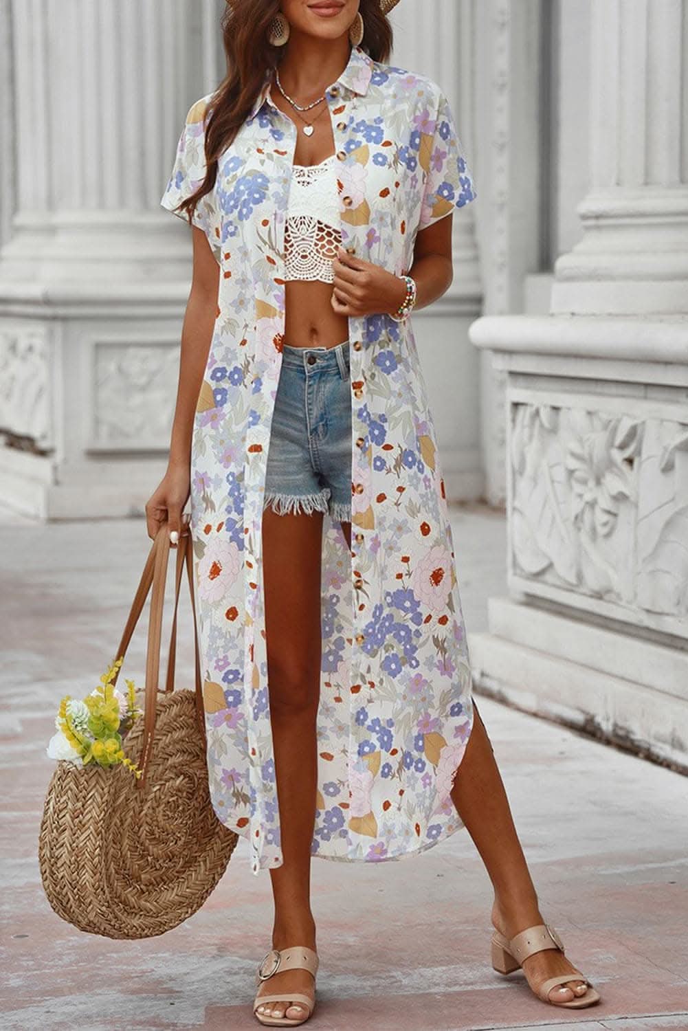Sheer printed kimono with short sleeves 