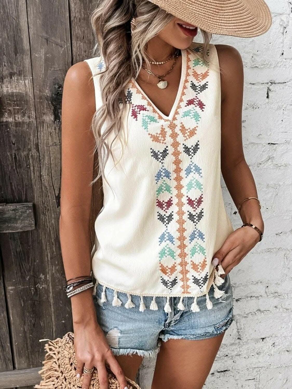 Sheer tassel v-neck tank top - Love Salve 