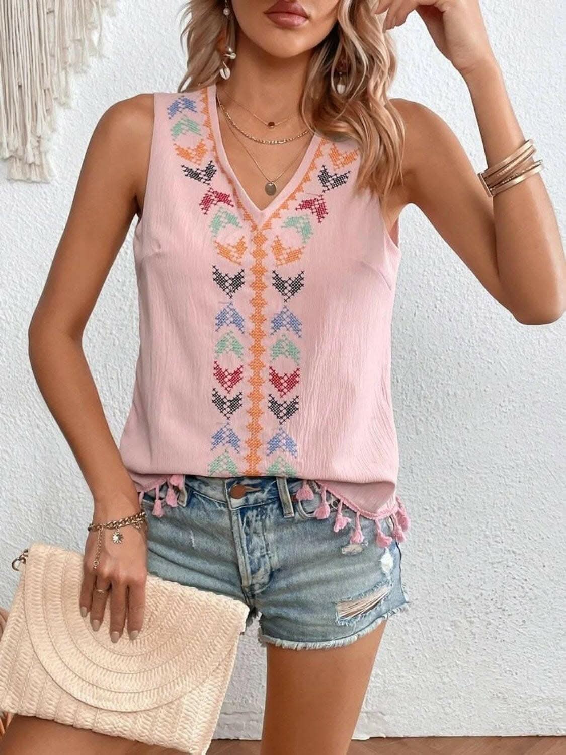 Sheer tassel v-neck tank top - Love Salve 