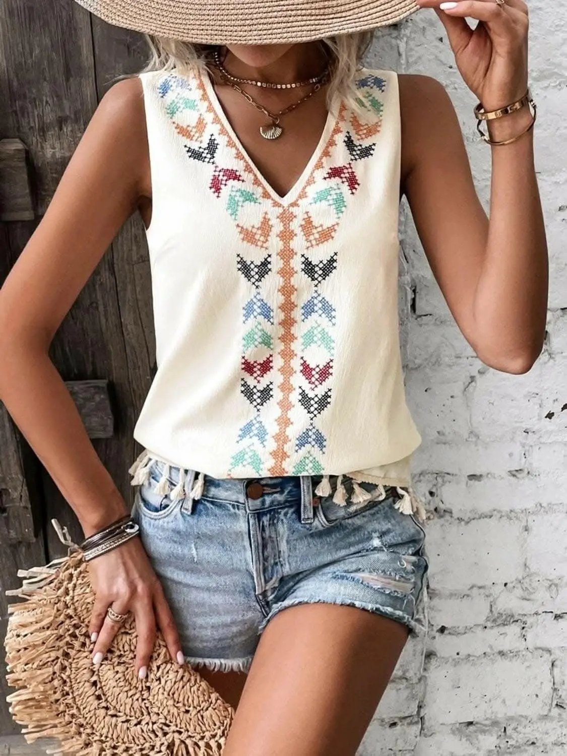 Sheer tassel v-neck tank top - Love Salve 