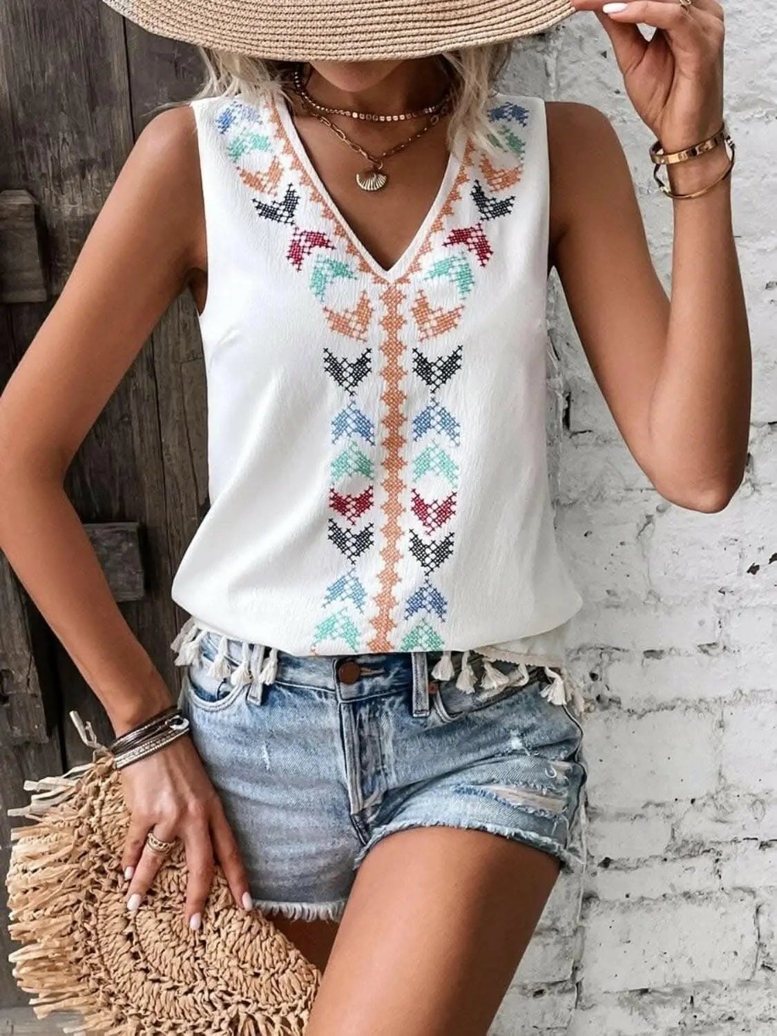 Sheer tassel v-neck tank top - Love Salve 
