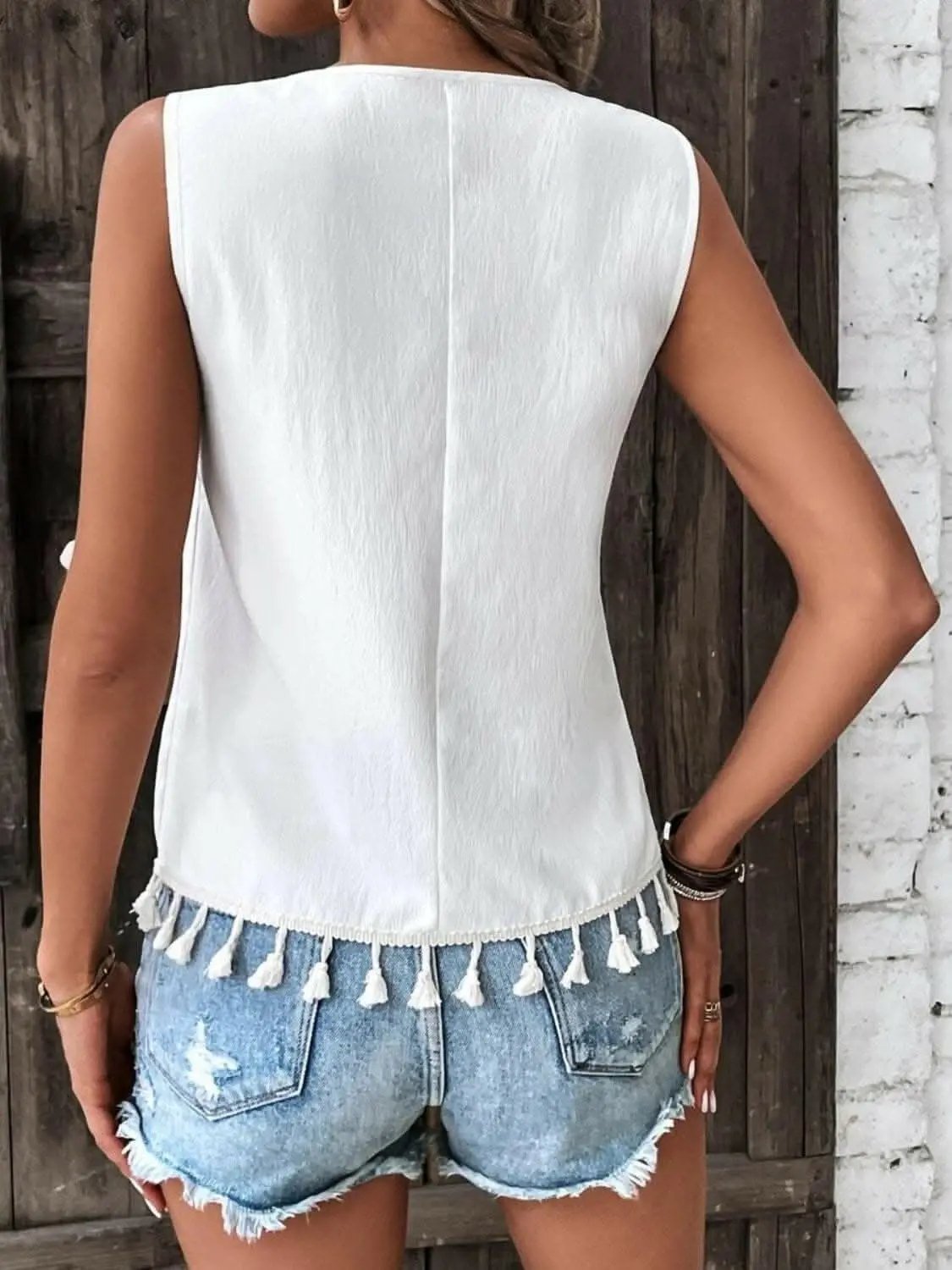 Sheer tassel v-neck tank top - Love Salve 