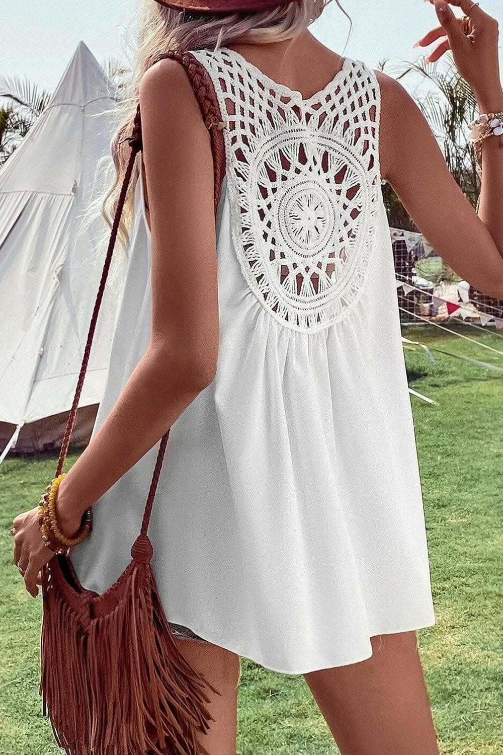 Sheer v-neck tank with openwork design - Love Salve 