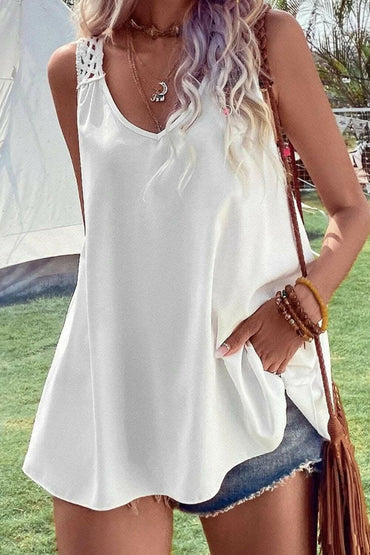 Sheer v-neck tank with openwork design - Love Salve 