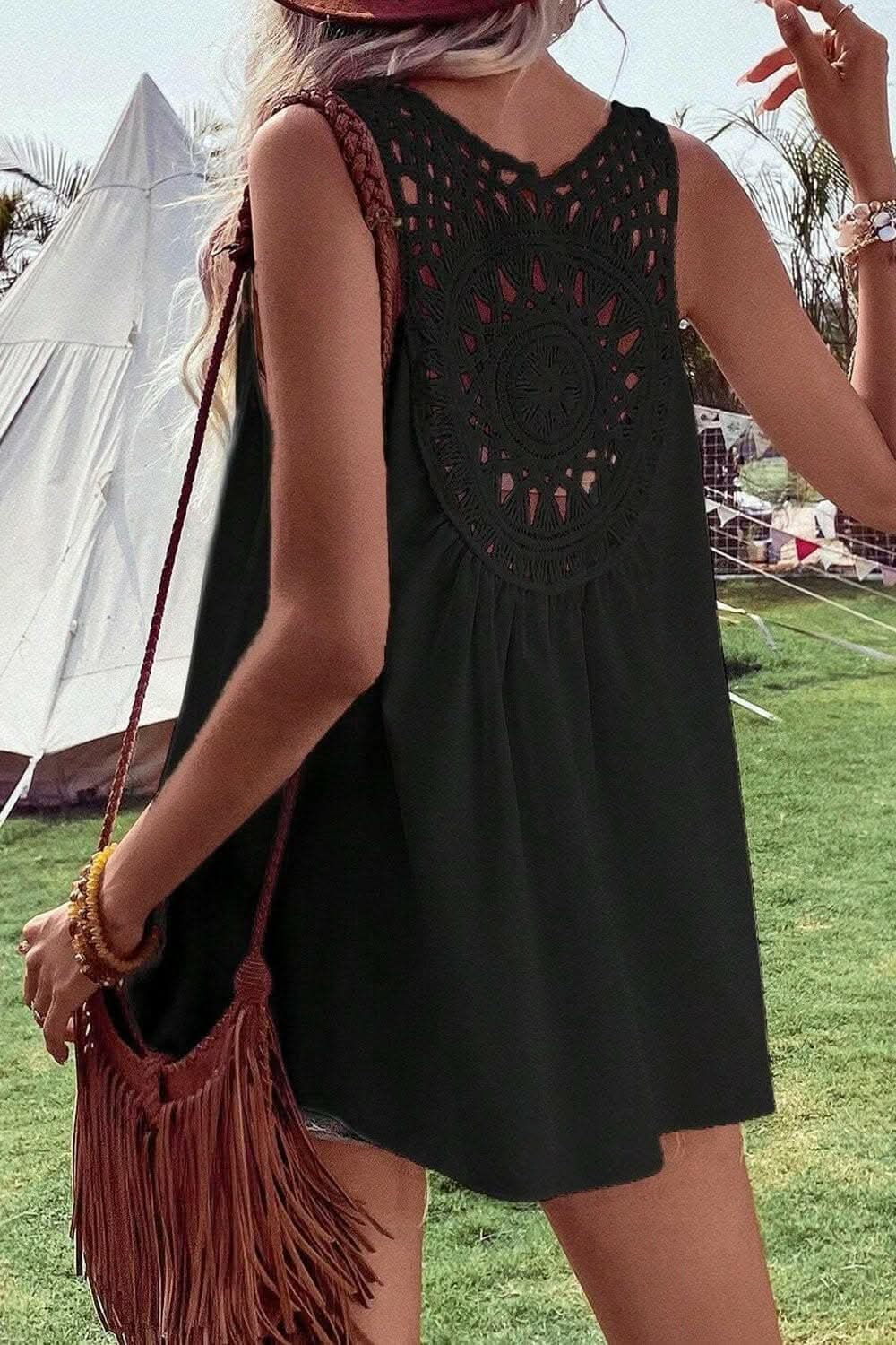 Sheer v-neck tank with openwork design - Love Salve 