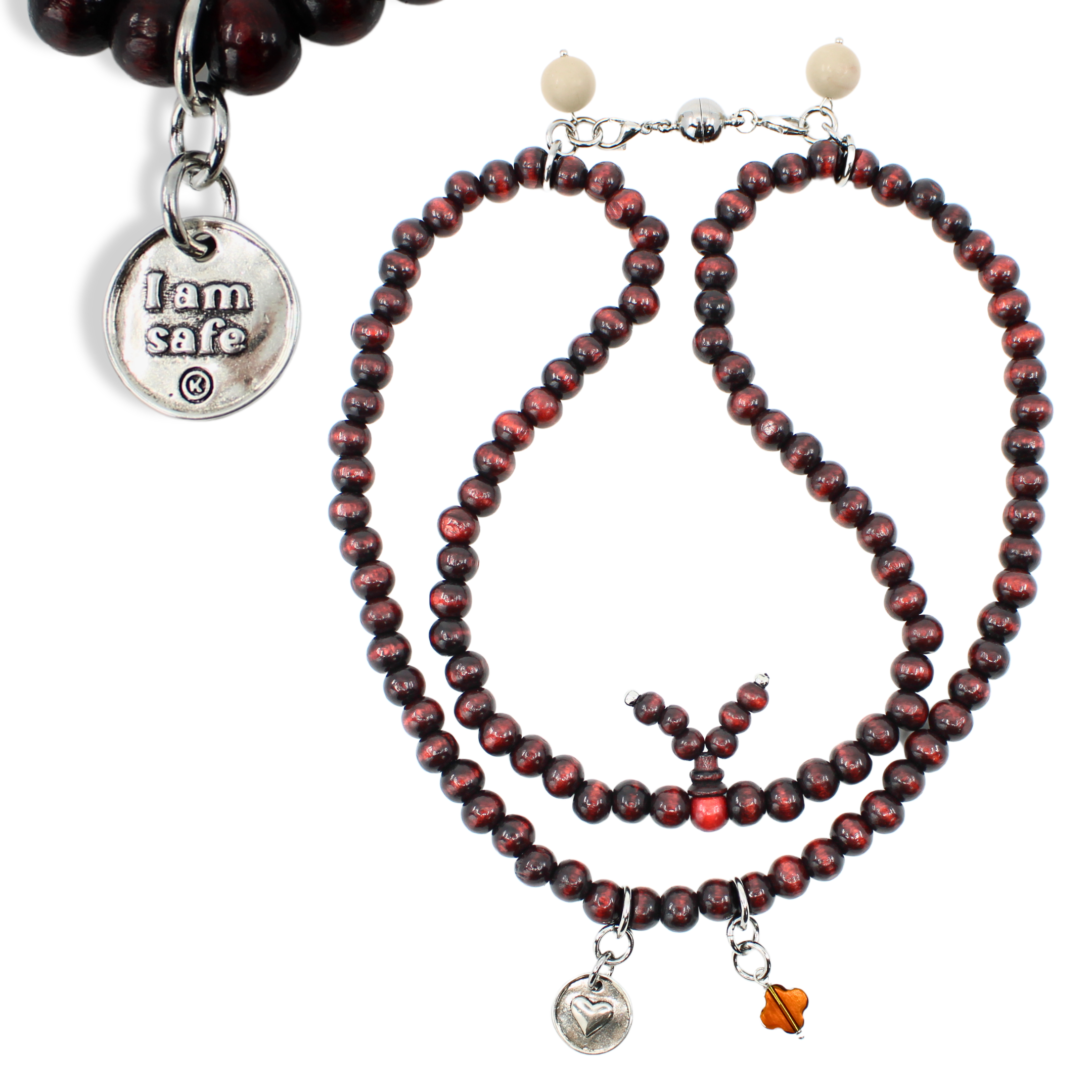 I Am Safe Heart Wood Boho Wrap Bracelet/Necklace Katia Designs
