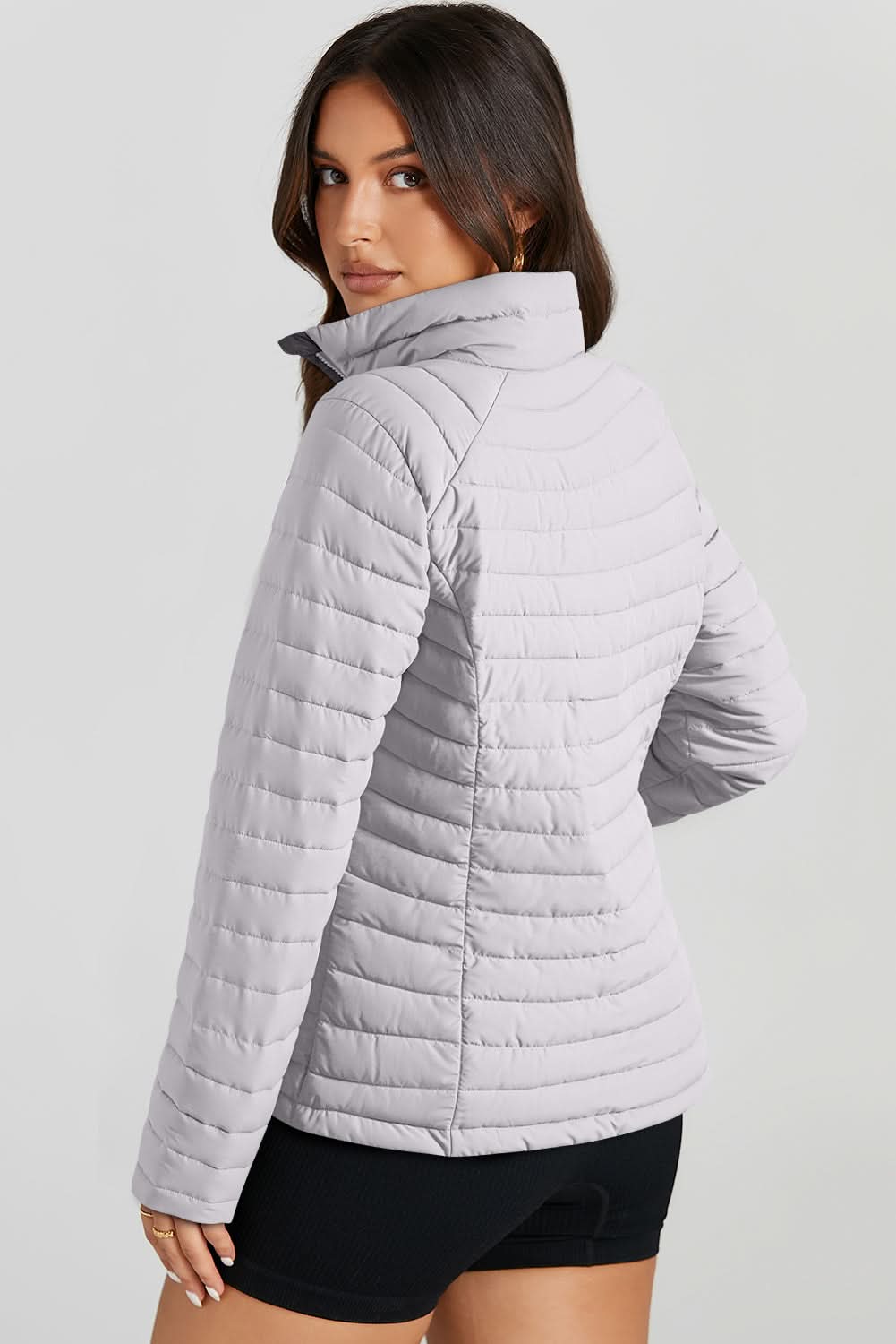 Silvery Solid Color Quilted Zip-up Puffer Jacket - Love Salve 