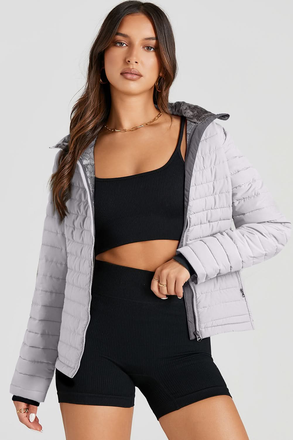 Silvery Solid Color Quilted Zip-up Puffer Jacket - Love Salve 