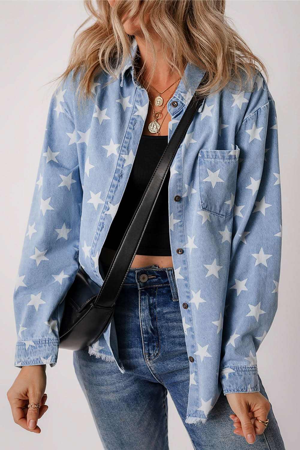 Sky Blue Star Print Light Wash Raw Hem Denim Jacket - Love Salve 