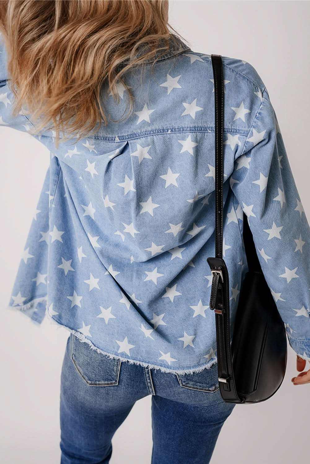 Sky Blue Star Print Light Wash Raw Hem Denim Jacket - Love Salve 