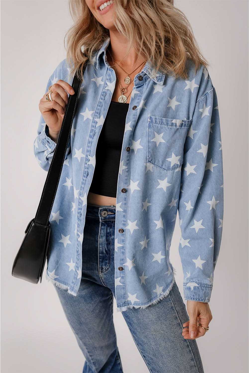 Sky Blue Star Print Light Wash Raw Hem Denim Jacket - Love Salve 