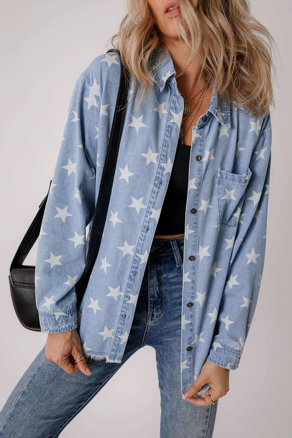 Sky Blue Star Print Light Wash Raw Hem Denim Jacket - Love Salve 