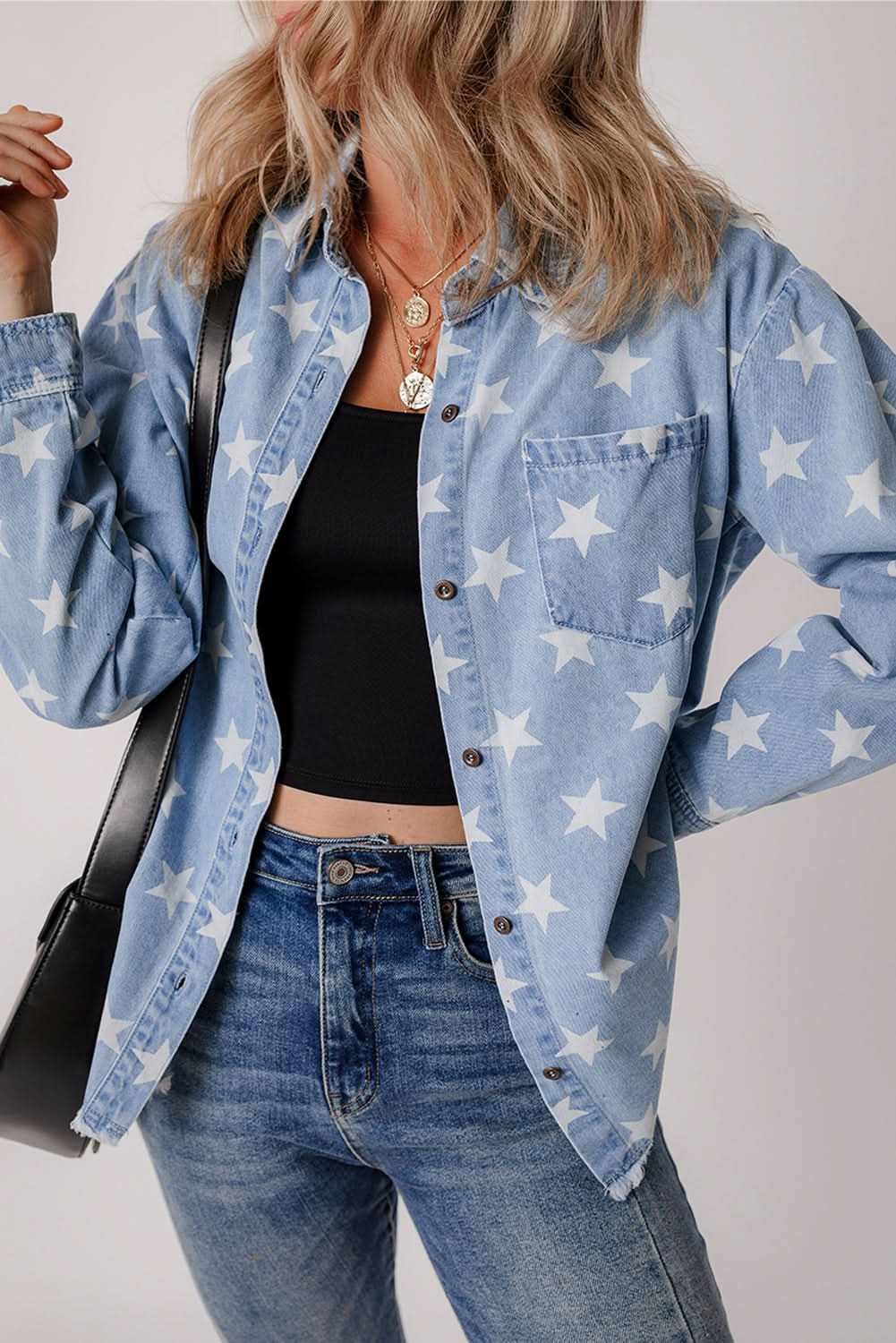 Sky Blue Star Print Light Wash Raw Hem Denim Jacket - Love Salve 