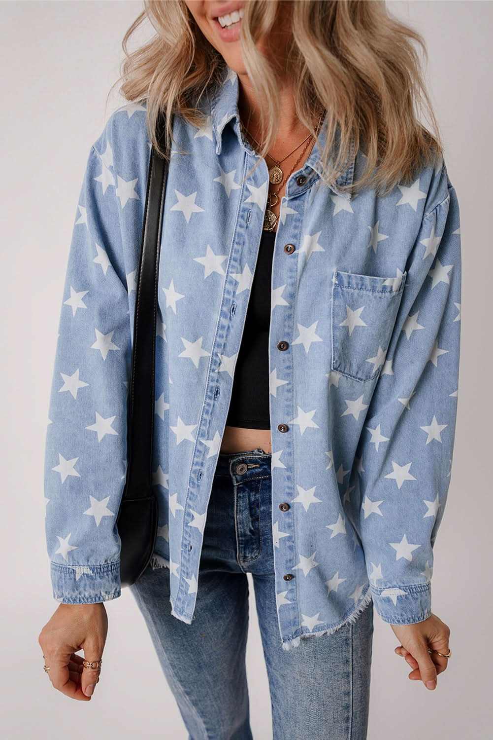 Sky Blue Star Print Light Wash Raw Hem Denim Jacket - Love Salve 